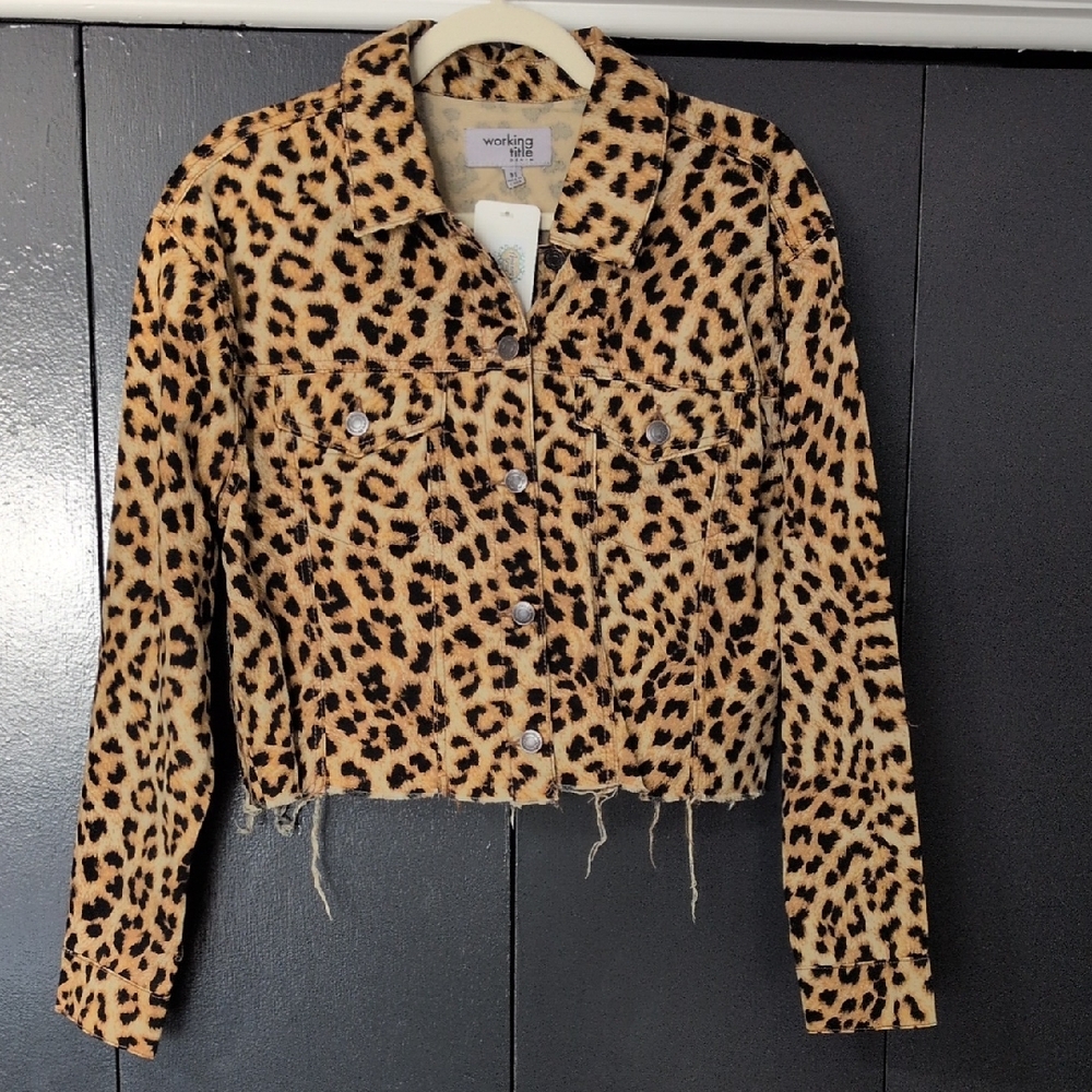 Cropped Denim Jacket Leopard Print Jean Distressed Cheetah Animal Print
